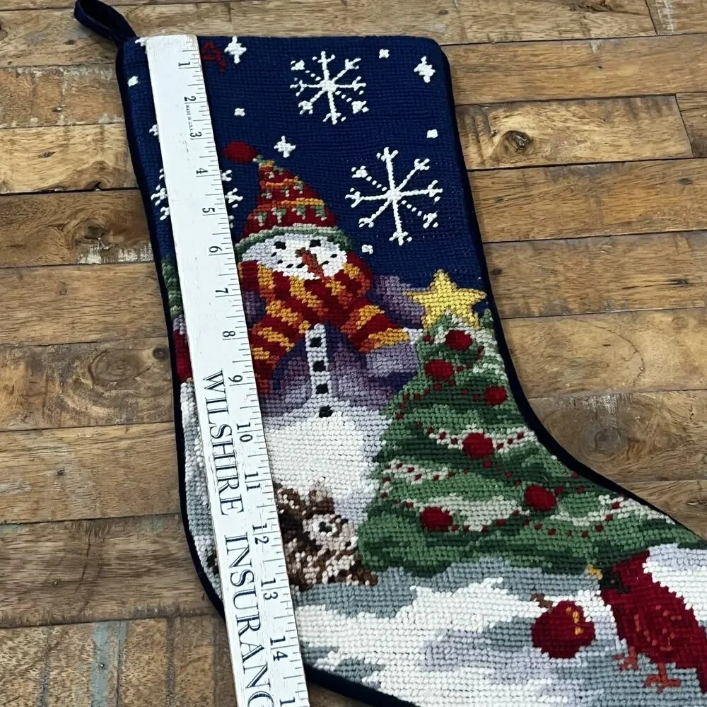 Needlepoint Stocking Velvet Backed Wool Frosty's Winter Wonderland A